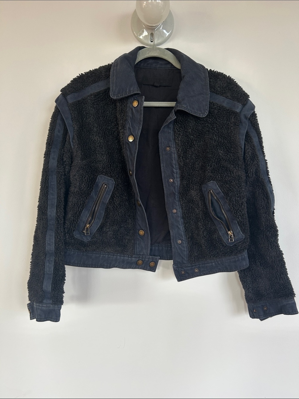 Veronica Beard OVERDYED Black Shearling-Trim denim Jacket